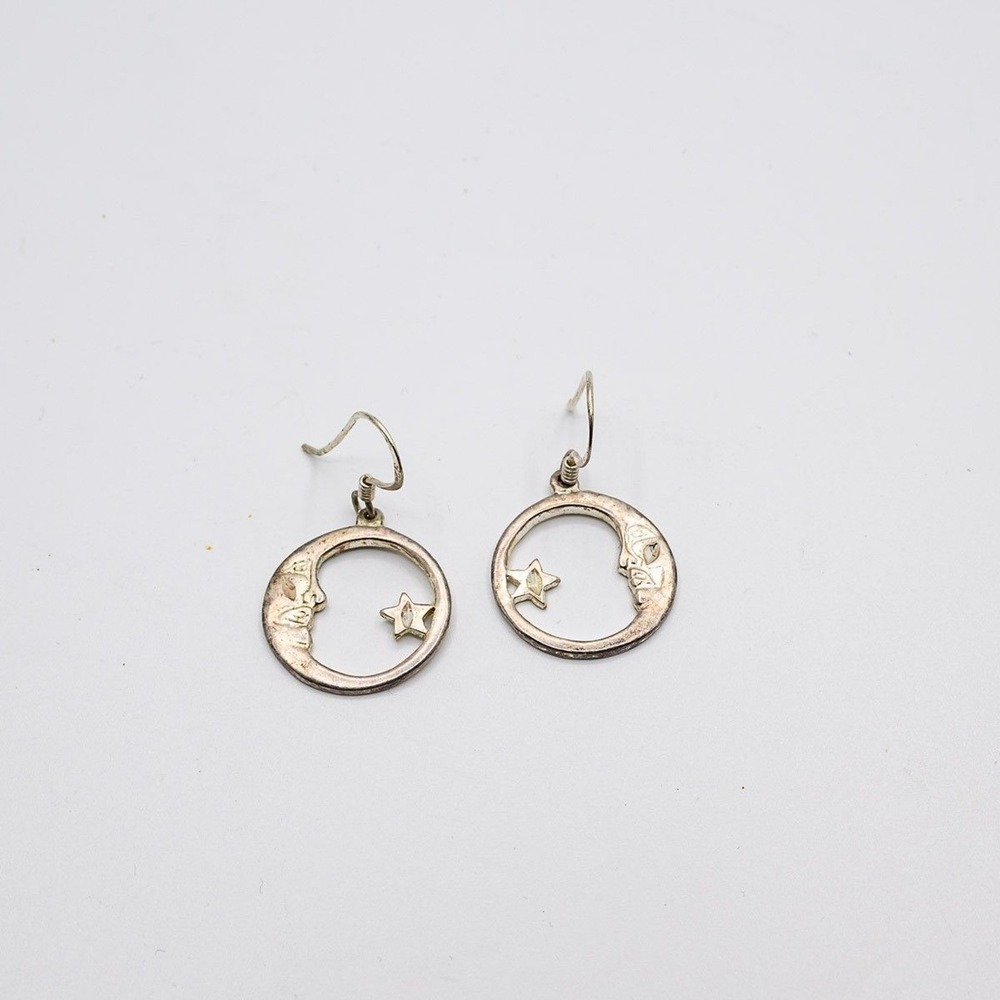 Sterling Silver 925 dangle earrings crescent Moon man in the moon face witchy